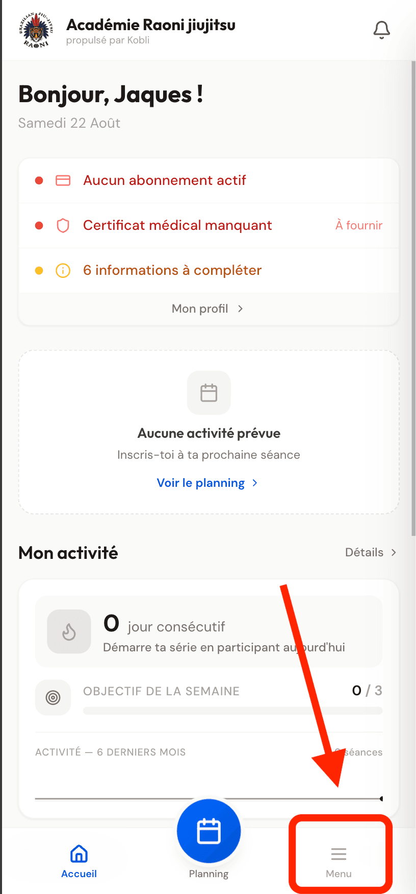 Application Kobli de l'Académie Raoni : le bouton « Menu » en bas à droite de l'écran d'accueil