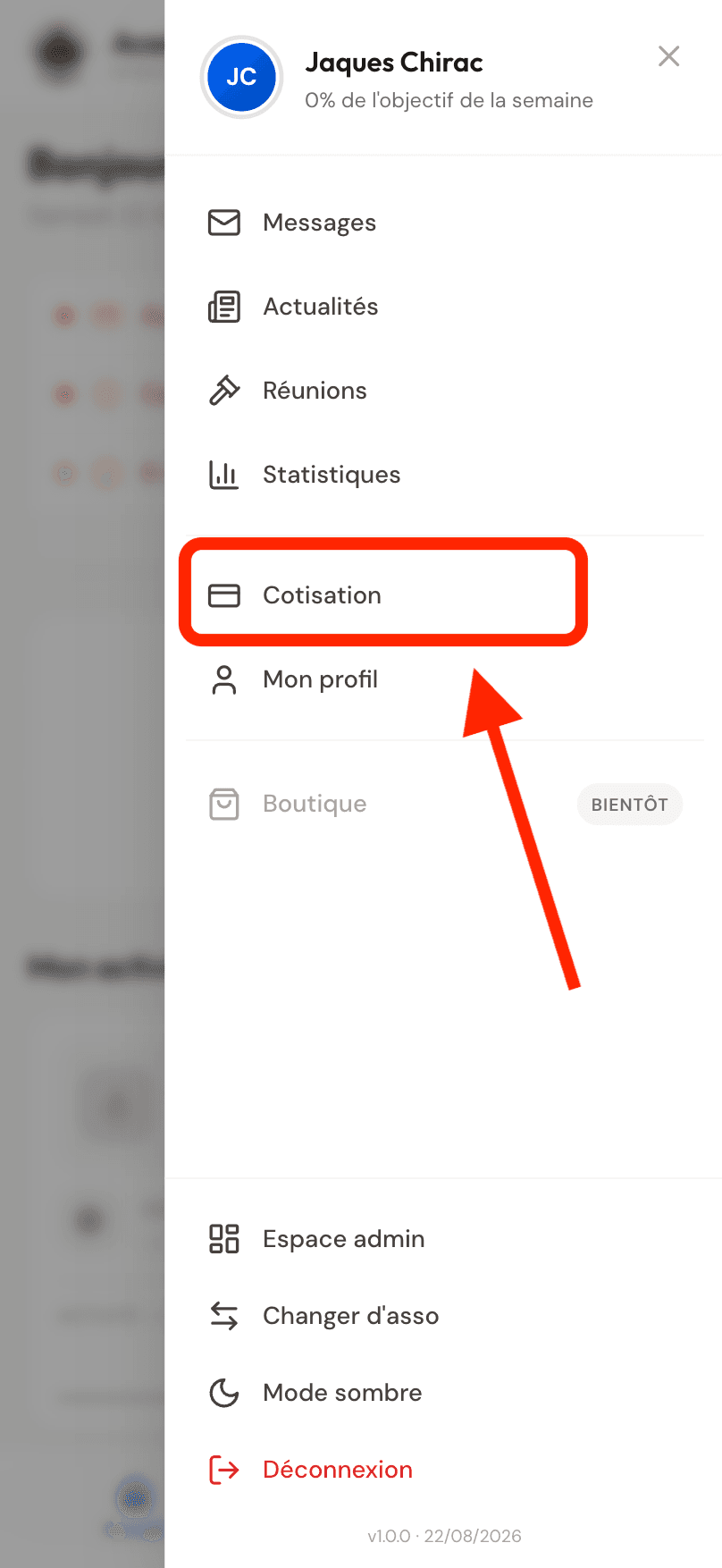 Menu de l'application Kobli avec la rubrique « Cotisation » mise en évidence
