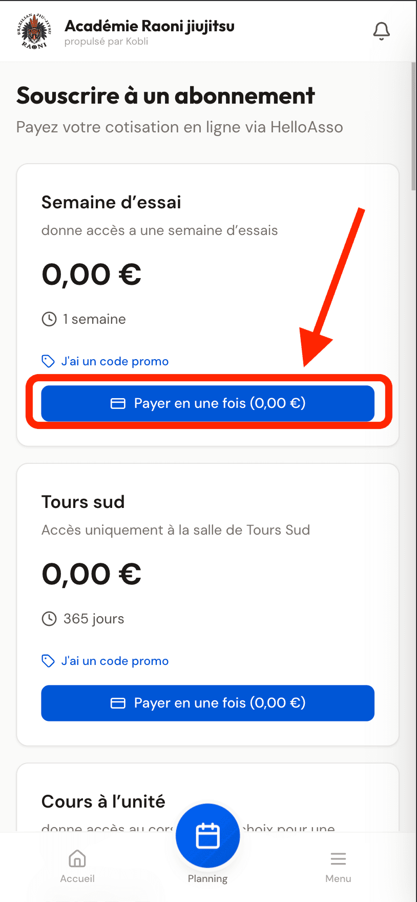 Page des abonnements Kobli : formule « Semaine d'essai » à 0,00 € et bouton de validation
